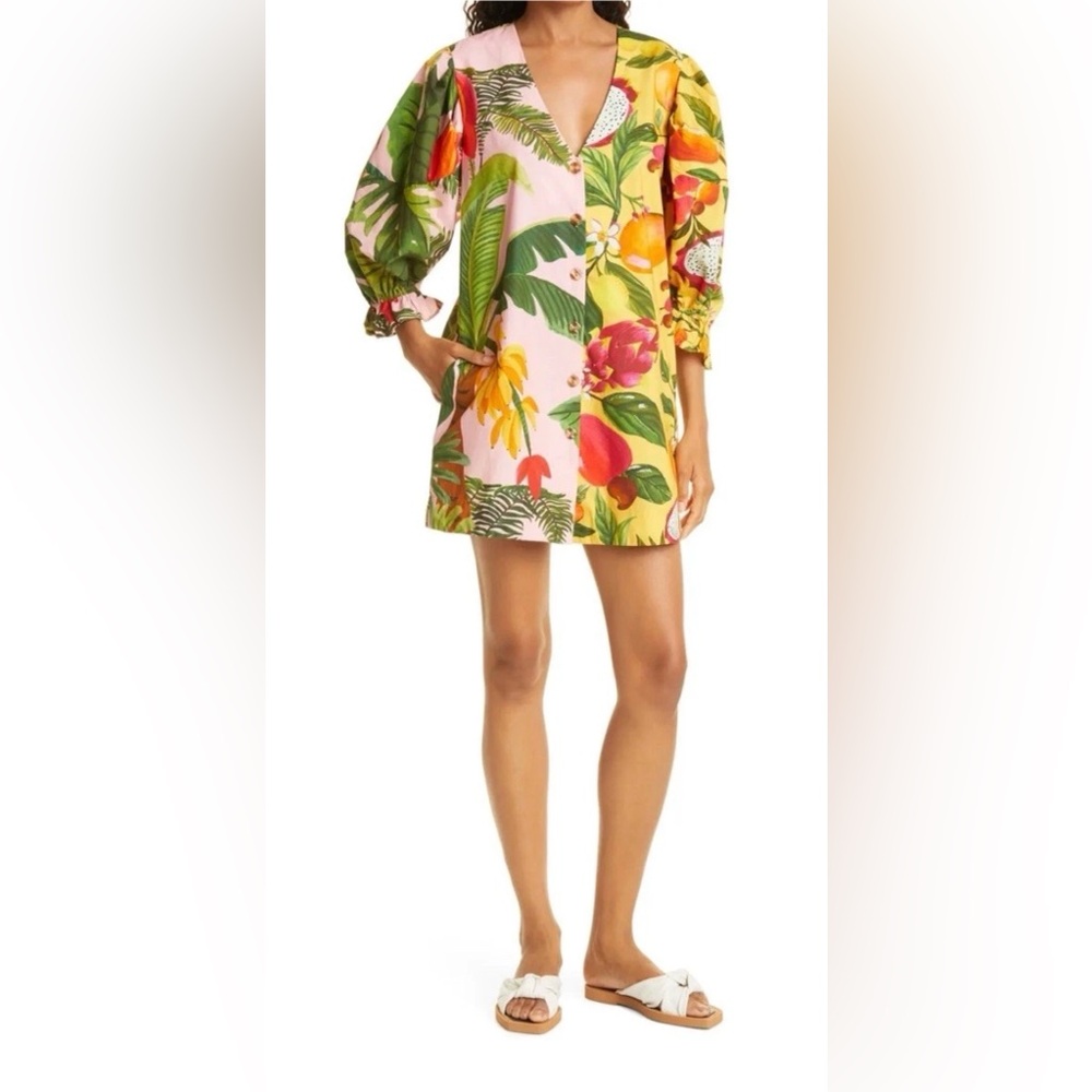 Farm Rio Mixed Print Fruit Mini Dress M Tropical Button Front Pockets MN145